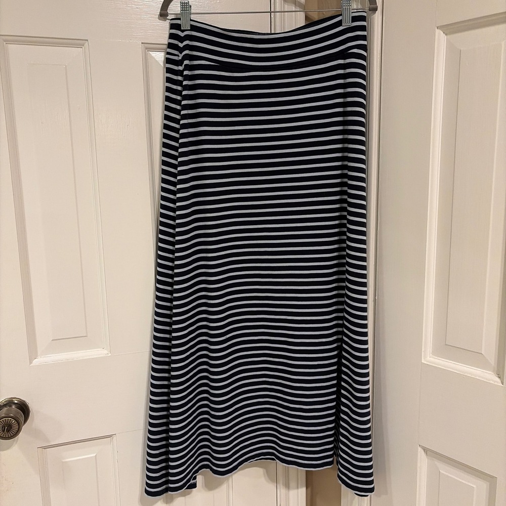 Talbots Womens A-Line Maxi Skirt Navy Blue White Stripe Small Cotton Modal Slit
